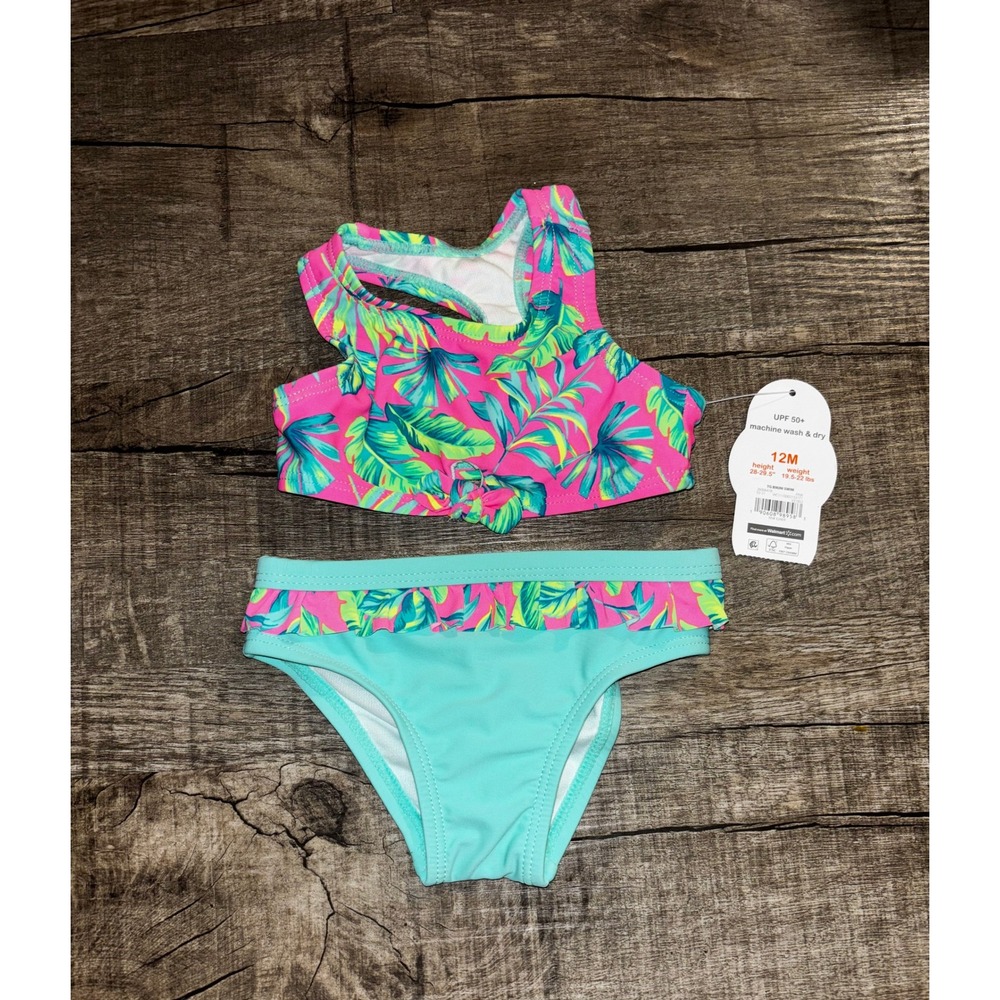 Wonder Nation Baby Girls Tropical Palm Bikini Set Pink‎ Teal 12M UPF 50+ NWT